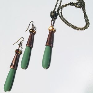 Green sea glass long earrings and necklace set